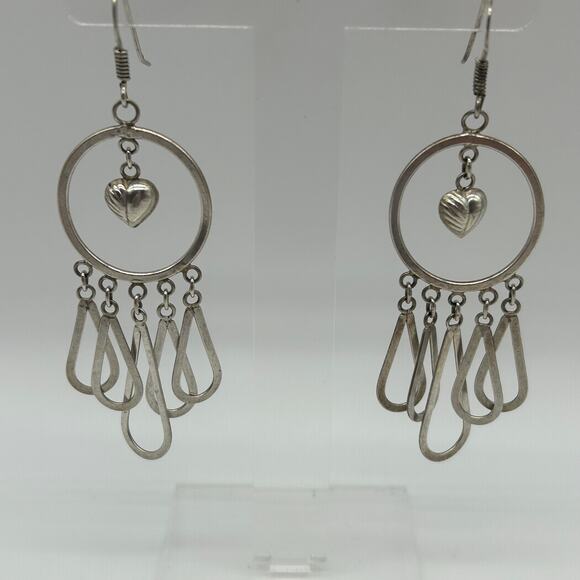 unknown Jewelry - Vtg .925 Sterling Silver Earrings Heart In Circle and Tear Drop Shaped Dangles